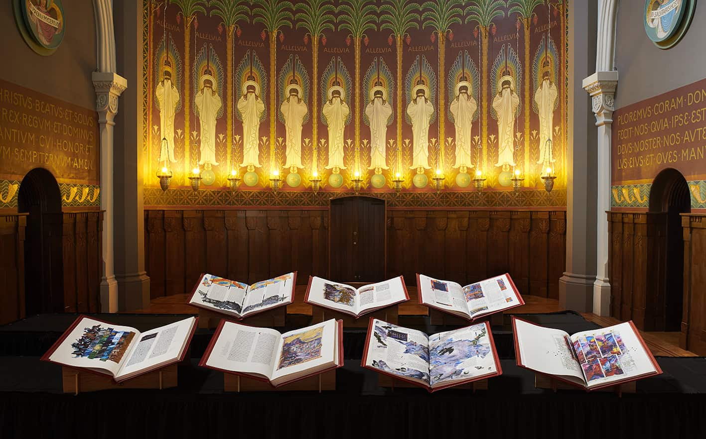 Incarnation Lutheran Church interior with illuminated altar and open hymnals on display, showcasing religious artwork and sacred space for worship and community gatherings.